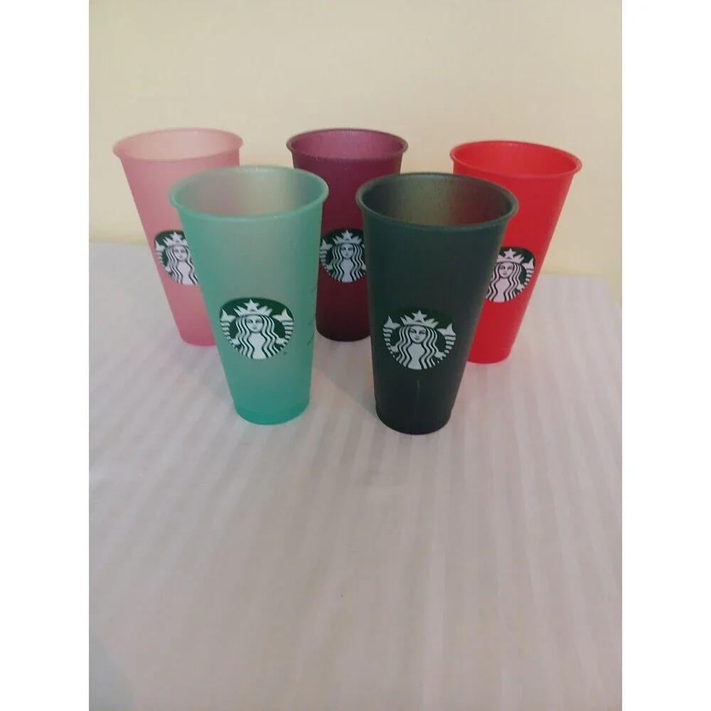 Starbucks set of 5 reusable glitter plastic cold cups 24oz tall tumblers